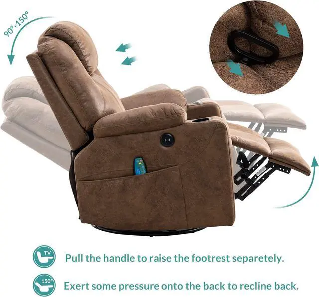 Alt view image 6 of 7 - MEETWARM Swivel Rocker Massage Recliner Chair with Heat Ergonomic, Manual Glider Rocking Recliner Chair, 360° Swivel Lounge Reclining Chair with 4 Pockets/Cup Holders/Remote Control/USB Ports (Brown)