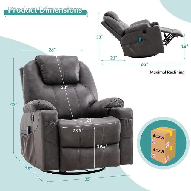 Alt view image 3 of 7 - MEETWARM Swivel Rocker Massage Recliner Chair with Heat Ergonomic, Manual Glider Rocking Recliner Chair, 360° Swivel Lounge Reclining Chair with 4 Pockets/Cup Holders/Remote Control/USB Ports (Grey)