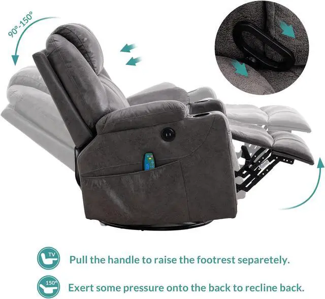 Alt view image 6 of 7 - MEETWARM Swivel Rocker Massage Recliner Chair with Heat Ergonomic, Manual Glider Rocking Recliner Chair, 360° Swivel Lounge Reclining Chair with 4 Pockets/Cup Holders/Remote Control/USB Ports (Grey)
