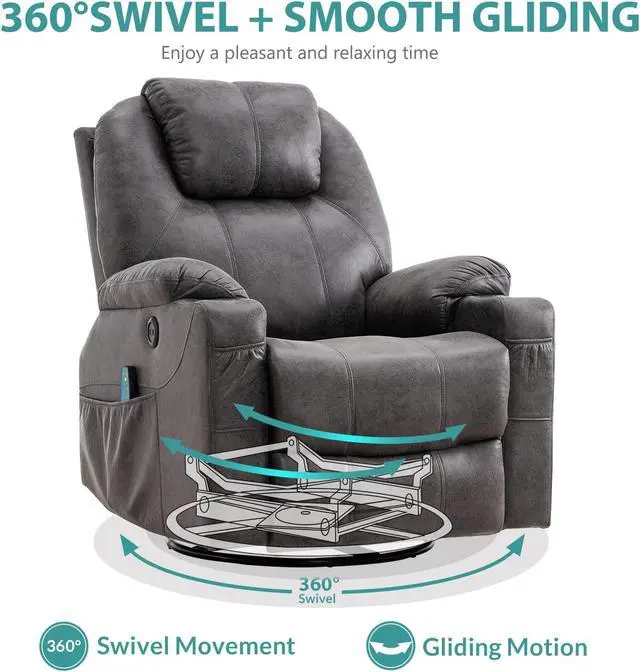 Alt view image 2 of 7 - MEETWARM Swivel Rocker Massage Recliner Chair with Heat Ergonomic, Manual Glider Rocking Recliner Chair, 360° Swivel Lounge Reclining Chair with 4 Pockets/Cup Holders/Remote Control/USB Ports (Grey)