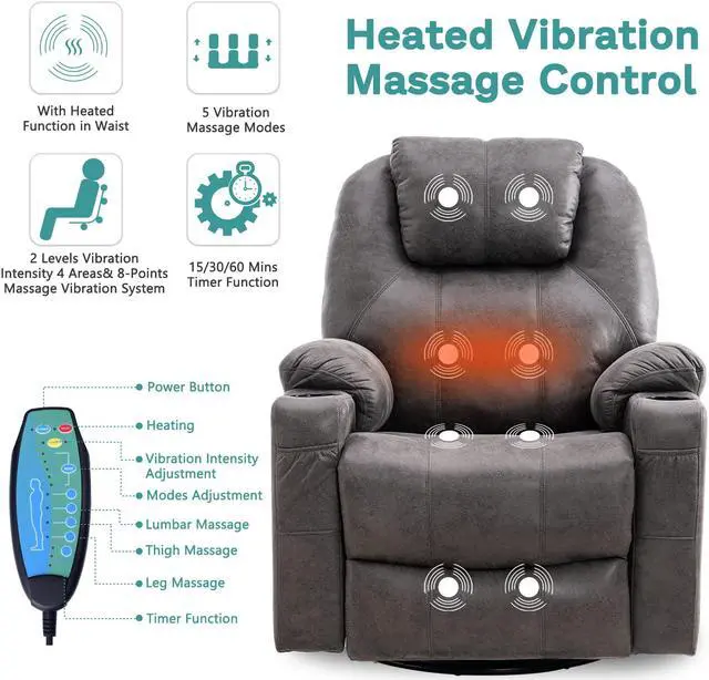Alt view image 4 of 7 - MEETWARM Swivel Rocker Massage Recliner Chair with Heat Ergonomic, Manual Glider Rocking Recliner Chair, 360° Swivel Lounge Reclining Chair with 4 Pockets/Cup Holders/Remote Control/USB Ports (Grey)