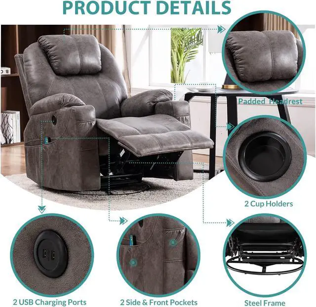 Alt view image 5 of 7 - MEETWARM Swivel Rocker Massage Recliner Chair with Heat Ergonomic, Manual Glider Rocking Recliner Chair, 360° Swivel Lounge Reclining Chair with 4 Pockets/Cup Holders/Remote Control/USB Ports (Grey)