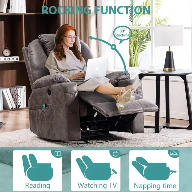 Alt view image 7 of 7 - MEETWARM Swivel Rocker Massage Recliner Chair with Heat Ergonomic, Manual Glider Rocking Recliner Chair, 360° Swivel Lounge Reclining Chair with 4 Pockets/Cup Holders/Remote Control/USB Ports (Grey)