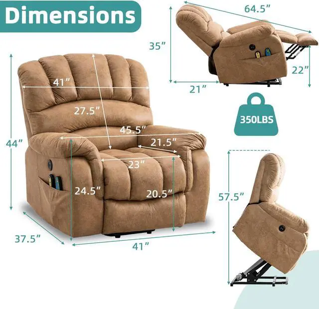 Alt view image 2 of 7 - MEETWARM Large Power Lift Electric Recliner Chair with Massage and Heat, Overstuffed Wide Recliner for Elderly Big People, Heavy Duty Recliners with 2 Remote Controls, USB Ports, 2 Side Pockets (Sand)