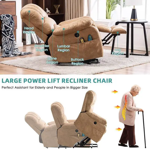 Alt view image 5 of 7 - MEETWARM Large Power Lift Electric Recliner Chair with Massage and Heat, Overstuffed Wide Recliner for Elderly Big People, Heavy Duty Recliners with 2 Remote Controls, USB Ports, 2 Side Pockets (Sand)