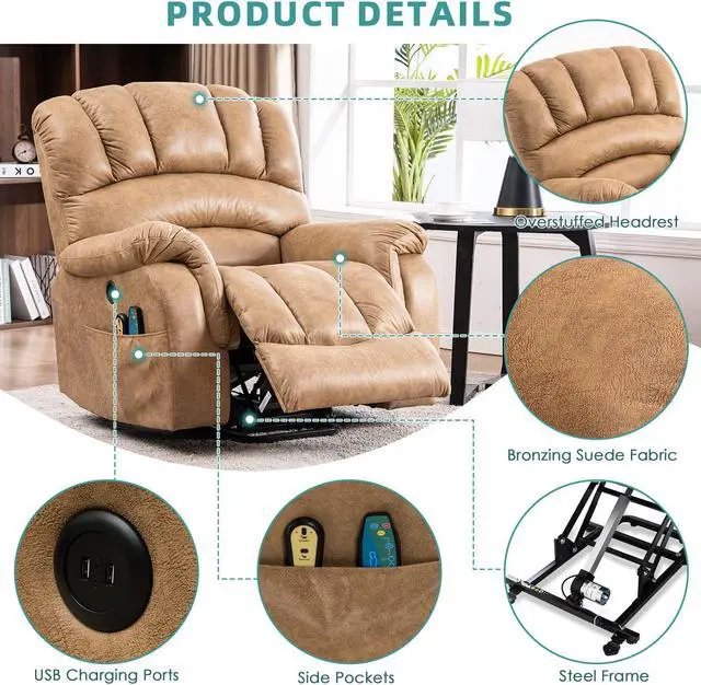 Alt view image 4 of 7 - MEETWARM Large Power Lift Electric Recliner Chair with Massage and Heat, Overstuffed Wide Recliner for Elderly Big People, Heavy Duty Recliners with 2 Remote Controls, USB Ports, 2 Side Pockets (Sand)