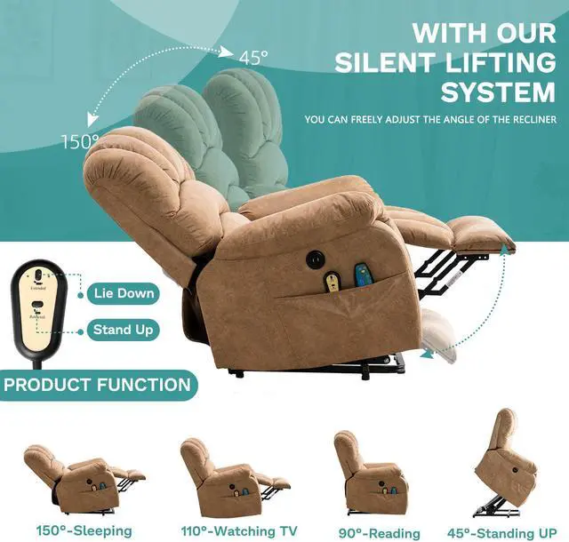 Alt view image 7 of 7 - MEETWARM Large Power Lift Electric Recliner Chair with Massage and Heat, Overstuffed Wide Recliner for Elderly Big People, Heavy Duty Recliners with 2 Remote Controls, USB Ports, 2 Side Pockets (Sand)