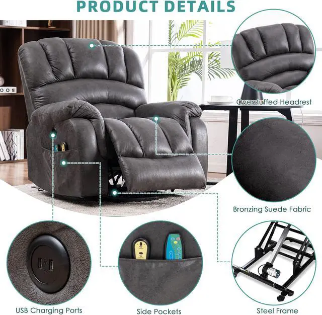 Alt view image 4 of 7 - MEETWARM Large Power Lift Electric Recliner Chair with Massage and Heat, Overstuffed Wide Recliner for Elderly Big People, Heavy Duty Recliners with 2 Remote Controls, USB Ports, 2 Side Pockets (Gray)