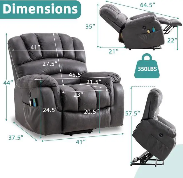 Alt view image 2 of 7 - MEETWARM Large Power Lift Electric Recliner Chair with Massage and Heat, Overstuffed Wide Recliner for Elderly Big People, Heavy Duty Recliners with 2 Remote Controls, USB Ports, 2 Side Pockets (Gray)