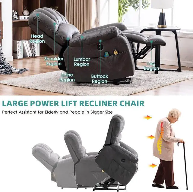 Alt view image 5 of 7 - MEETWARM Large Power Lift Electric Recliner Chair with Massage and Heat, Overstuffed Wide Recliner for Elderly Big People, Heavy Duty Recliners with 2 Remote Controls, USB Ports, 2 Side Pockets (Gray)