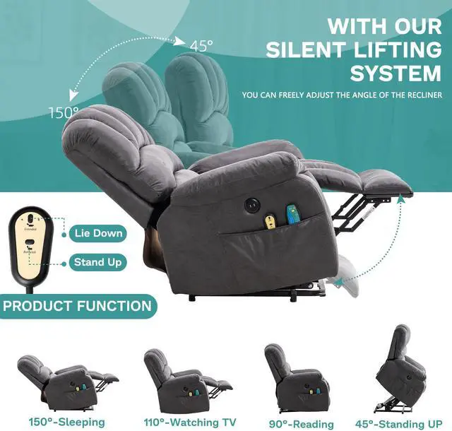 Alt view image 7 of 7 - MEETWARM Large Power Lift Electric Recliner Chair with Massage and Heat, Overstuffed Wide Recliner for Elderly Big People, Heavy Duty Recliners with 2 Remote Controls, USB Ports, 2 Side Pockets (Gray)