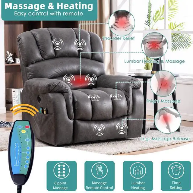 Alt view image 3 of 7 - MEETWARM Large Power Lift Electric Recliner Chair with Massage and Heat, Overstuffed Wide Recliner for Elderly Big People, Heavy Duty Recliners with 2 Remote Controls, USB Ports, 2 Side Pockets (Gray)