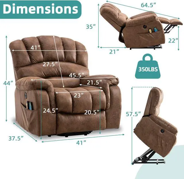 Alt view image 6 of 7 - MEETWARM Large Power Lift Electric Recliner Chair with Massage and Heat, Overstuffed Wide Recliner for Elderly Big People, Heavy Duty Recliners with 2 Remote Controls, USB Ports, 2 Side Pockets(Brown)