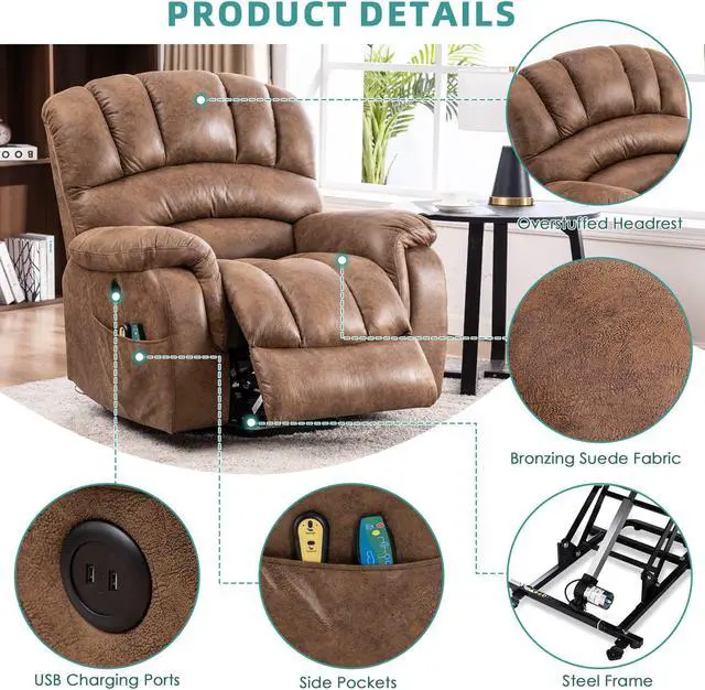 Alt view image 3 of 7 - MEETWARM Large Power Lift Electric Recliner Chair with Massage and Heat, Overstuffed Wide Recliner for Elderly Big People, Heavy Duty Recliners with 2 Remote Controls, USB Ports, 2 Side Pockets(Brown)