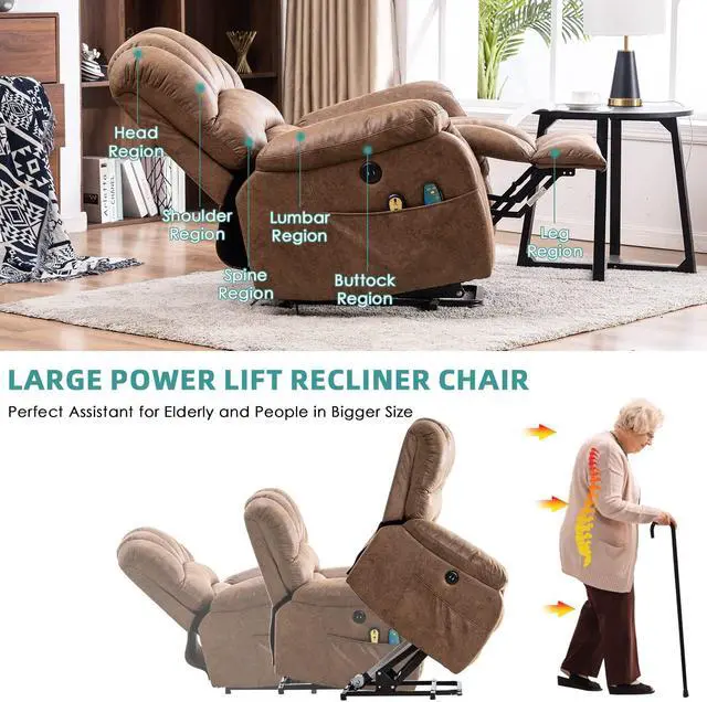 Alt view image 4 of 7 - MEETWARM Large Power Lift Electric Recliner Chair with Massage and Heat, Overstuffed Wide Recliner for Elderly Big People, Heavy Duty Recliners with 2 Remote Controls, USB Ports, 2 Side Pockets(Brown)