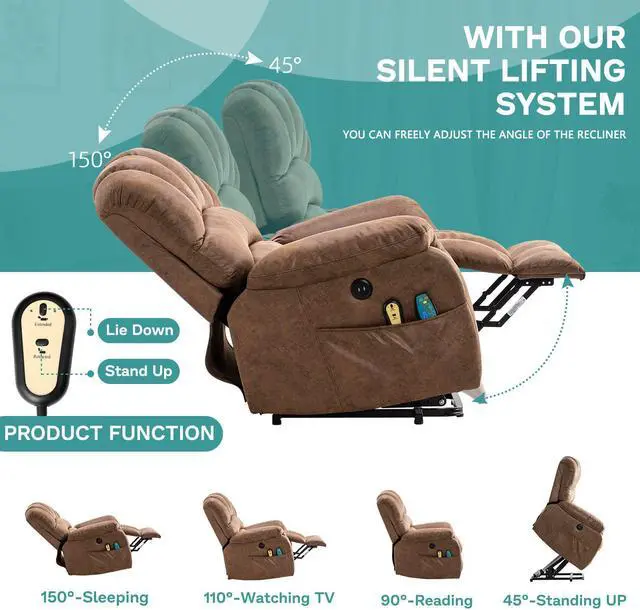 Alt view image 7 of 7 - MEETWARM Large Power Lift Electric Recliner Chair with Massage and Heat, Overstuffed Wide Recliner for Elderly Big People, Heavy Duty Recliners with 2 Remote Controls, USB Ports, 2 Side Pockets(Brown)