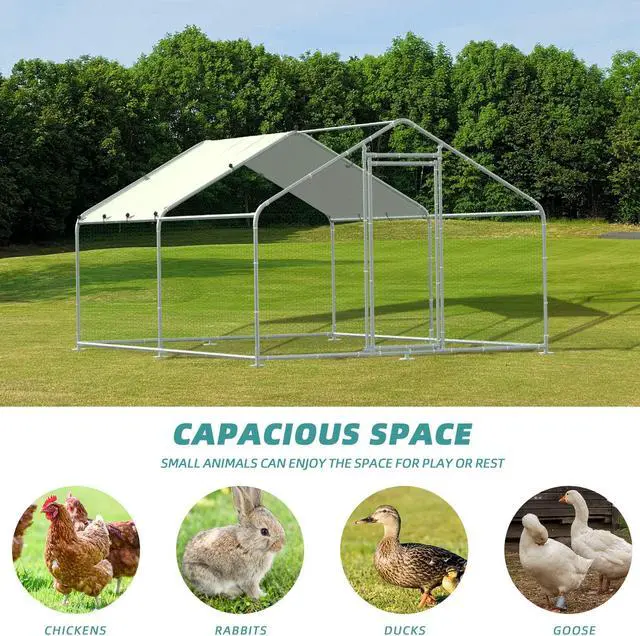 Alt view image 7 of 7 - MEETWARM Large Metal Chicken Coop Run, Walk-in Poultry Cage Chicken Run Pen, Duck Rabbits House Spire Shaped Coop with Waterproof Anti-UV Cover for Outdoor Farm Use