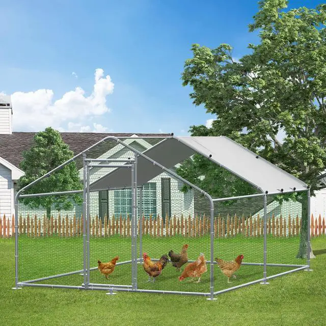 Main image of MEETWARM Large Metal Chicken Coop Run, Walk-in Poultry Cage Chicken Run Pen, Duck Rabbits House Spire Shaped Coop with Waterproof Anti-UV Cover for Outdoor Farm Use
