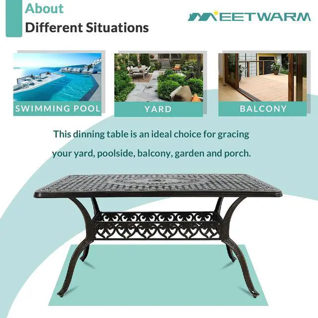 Alt view image 5 of 7 - MEETWARM Outdoor 60" Rectangular Patio Dining Table, All Weather Cast Aluminum Large Patio Furniture Table with 2" Umbrella Hole, Dark Bronze