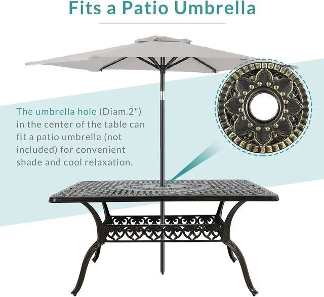 Alt view image 6 of 7 - MEETWARM Outdoor 60" Rectangular Patio Dining Table, All Weather Cast Aluminum Large Patio Furniture Table with 2" Umbrella Hole, Dark Bronze