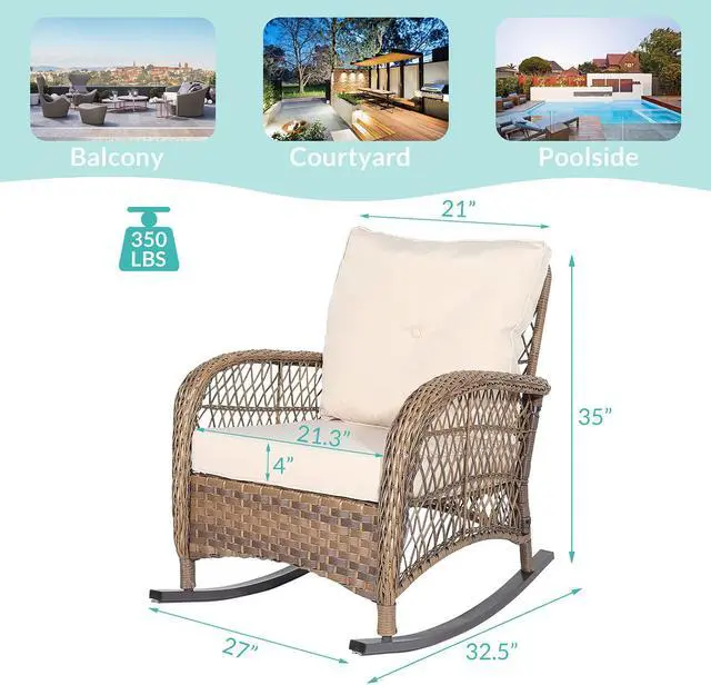 Alt view image 6 of 7 - MEETWARM Outdoor Wicker Rocking Chair, Rattan Patio Rocker Chairs with Cushions and Steel Frame - Beige