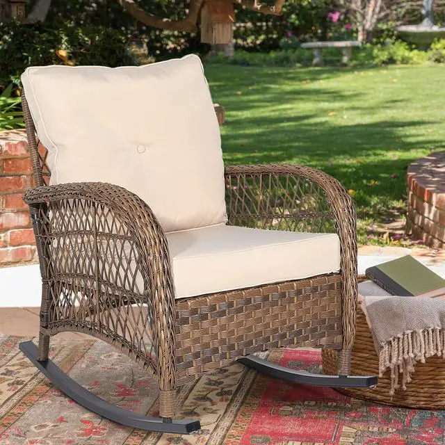 Main image of MEETWARM Outdoor Wicker Rocking Chair, Rattan Patio Rocker Chairs with Cushions and Steel Frame - Beige