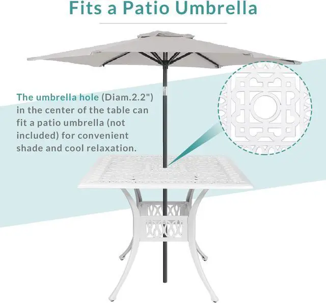 Alt view image 6 of 7 - MEETWARM 35.4" Square Patio Dinning Table, Outdoor Cast Aluminum Dinning Large Table with 2.2" Umbrella Hole, White