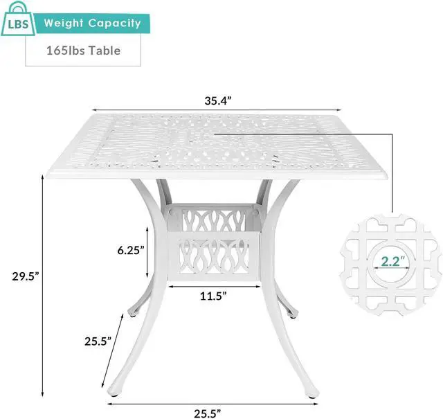 Alt view image 3 of 7 - MEETWARM 35.4" Square Patio Dinning Table, Outdoor Cast Aluminum Dinning Large Table with 2.2" Umbrella Hole, White
