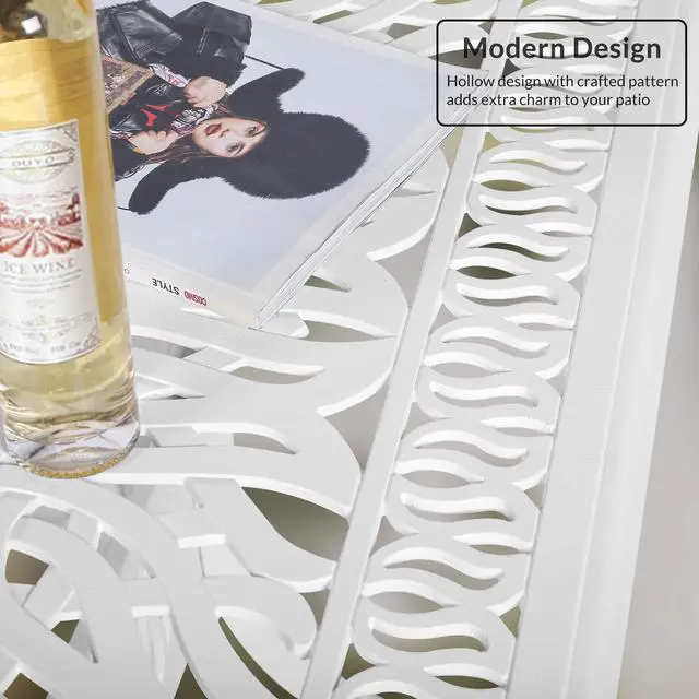 Alt view image 7 of 7 - MEETWARM 35.4" Square Patio Dinning Table, Outdoor Cast Aluminum Dinning Large Table with 2.2" Umbrella Hole, White