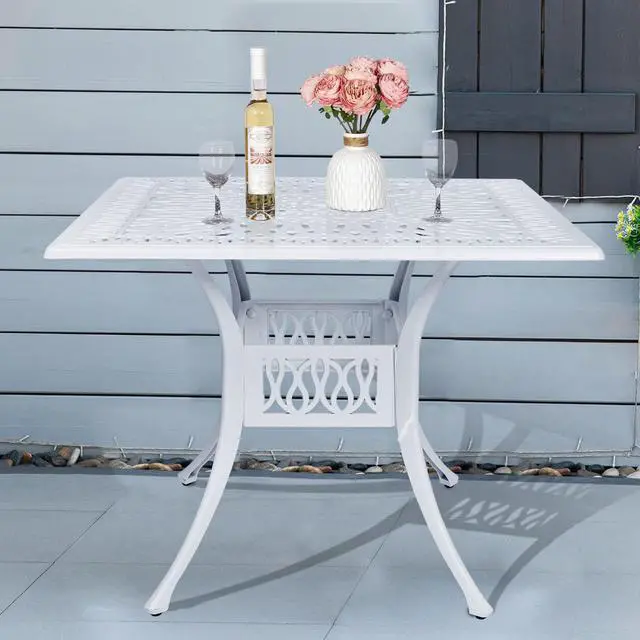 Alt view image 2 of 7 - MEETWARM 35.4" Square Patio Dinning Table, Outdoor Cast Aluminum Dinning Large Table with 2.2" Umbrella Hole, White