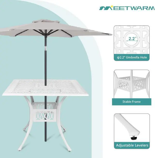 Alt view image 4 of 7 - MEETWARM 35.4" Square Patio Dinning Table, Outdoor Cast Aluminum Dinning Large Table with 2.2" Umbrella Hole, White