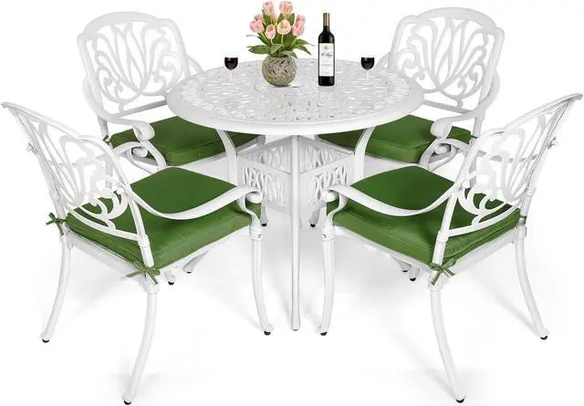 Main image of MEETWARM 5 Piece Patio Dining Set, Outdoor All-Weather Cast Aluminum Dining Table Set, Patio Furniture Set, Include 4 Chairs, 4 Cushions and 1 Round Table with Umbrella Hole, White
