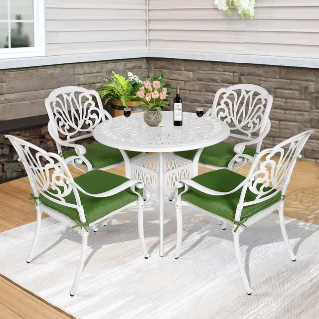 Alt view image 7 of 7 - MEETWARM 5 Piece Patio Dining Set, Outdoor All-Weather Cast Aluminum Dining Table Set, Patio Furniture Set, Include 4 Chairs, 4 Cushions and 1 Round Table with Umbrella Hole, White