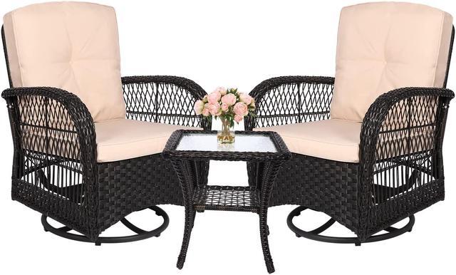 Main image of MEETWARM 3 Pieces Outdoor Wicker Swivel Rocker Patio Set, Rocking Chairs Rattan Patio Furniture Sets with Thickened Cushion and Glass-Top Coffee Table, Conversation Bistro Set for Porch(Dark Brown)