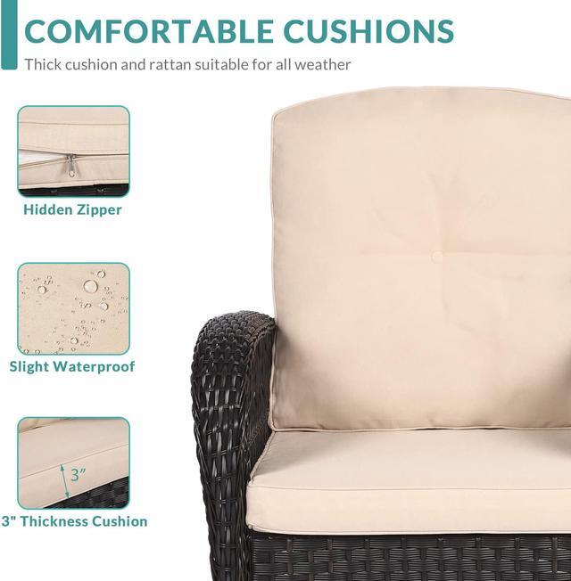 Alt view image 3 of 7 - MEETWARM 3 Pieces Outdoor Wicker Swivel Rocker Patio Set, Rocking Chairs Rattan Patio Furniture Sets with Thickened Cushion and Glass-Top Coffee Table, Conversation Bistro Set for Porch(Dark Brown)
