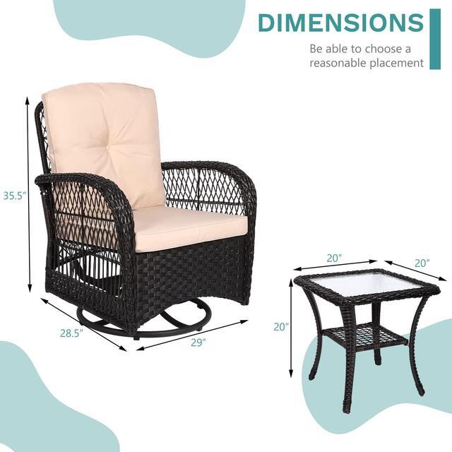 Alt view image 5 of 7 - MEETWARM 3 Pieces Outdoor Wicker Swivel Rocker Patio Set, Rocking Chairs Rattan Patio Furniture Sets with Thickened Cushion and Glass-Top Coffee Table, Conversation Bistro Set for Porch(Dark Brown)