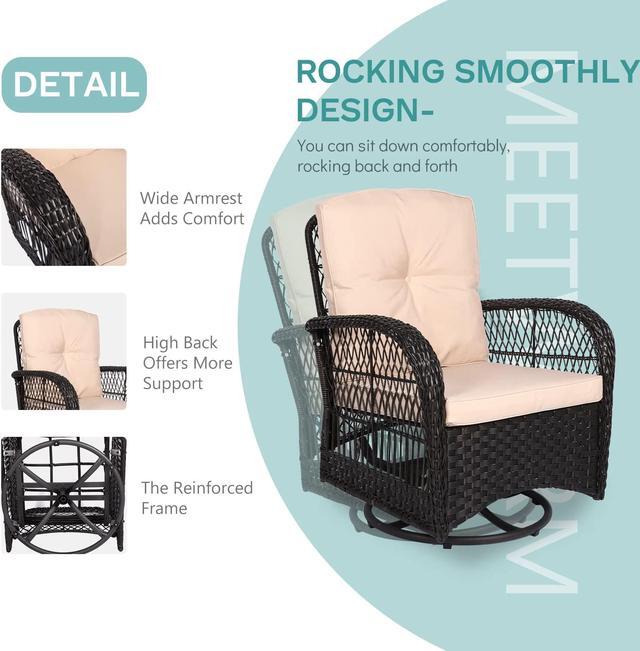 Alt view image 4 of 7 - MEETWARM 3 Pieces Outdoor Wicker Swivel Rocker Patio Set, Rocking Chairs Rattan Patio Furniture Sets with Thickened Cushion and Glass-Top Coffee Table, Conversation Bistro Set for Porch(Dark Brown)
