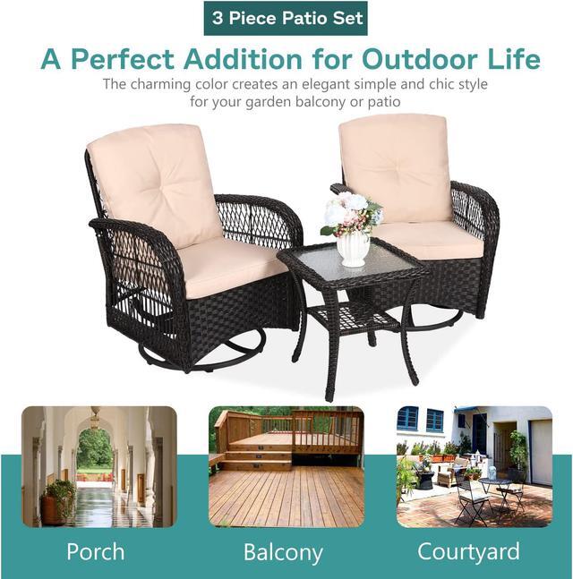 Alt view image 6 of 7 - MEETWARM 3 Pieces Outdoor Wicker Swivel Rocker Patio Set, Rocking Chairs Rattan Patio Furniture Sets with Thickened Cushion and Glass-Top Coffee Table, Conversation Bistro Set for Porch(Dark Brown)
