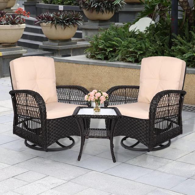 Alt view image 7 of 7 - MEETWARM 3 Pieces Outdoor Wicker Swivel Rocker Patio Set, Rocking Chairs Rattan Patio Furniture Sets with Thickened Cushion and Glass-Top Coffee Table, Conversation Bistro Set for Porch(Dark Brown)