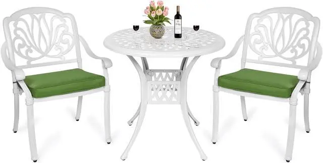 Main image of MEETWARM 3 Piece Patio Bistro Set, Outdoor All-Weather Cast Aluminum Dining Furniture Set Includes 2 Chairs and a 31 Round Table with Umbrella Hole for Garden Deck, White