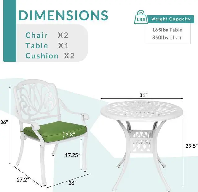 Alt view image 6 of 7 - MEETWARM 3 Piece Patio Bistro Set, Outdoor All-Weather Cast Aluminum Dining Furniture Set Includes 2 Chairs and a 31 Round Table with Umbrella Hole for Garden Deck, White