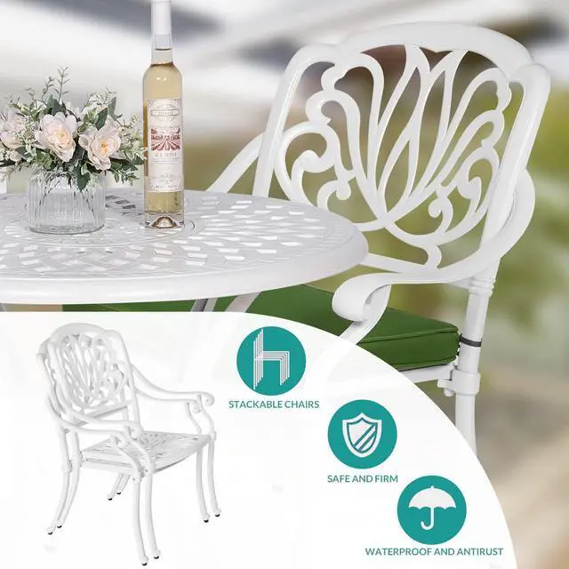 Alt view image 5 of 7 - MEETWARM 3 Piece Patio Bistro Set, Outdoor All-Weather Cast Aluminum Dining Furniture Set Includes 2 Chairs and a 31 Round Table with Umbrella Hole for Garden Deck, White