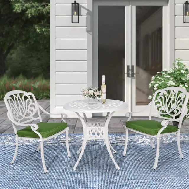 Alt view image 7 of 7 - MEETWARM 3 Piece Patio Bistro Set, Outdoor All-Weather Cast Aluminum Dining Furniture Set Includes 2 Chairs and a 31 Round Table with Umbrella Hole for Garden Deck, White