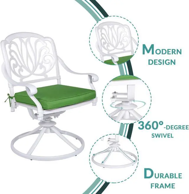 Alt view image 2 of 7 - MEETWARM 3-Piece Outdoor Patio Dining Set, All-Weather Cast Aluminum Patio Conversation Set for Backyard Garden Deck with 2 Cushions Swivel Rocker Chairs and 31" Round Table, 2.2" Umbrella Hole, White