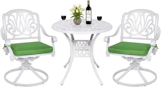 Main image of MEETWARM 3-Piece Outdoor Patio Dining Set, All-Weather Cast Aluminum Patio Conversation Set for Backyard Garden Deck with 2 Cushions Swivel Rocker Chairs and 31" Round Table, 2.2" Umbrella Hole, White