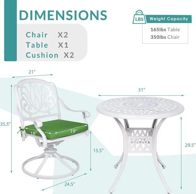 Alt view image 6 of 7 - MEETWARM 3-Piece Outdoor Patio Dining Set, All-Weather Cast Aluminum Patio Conversation Set for Backyard Garden Deck with 2 Cushions Swivel Rocker Chairs and 31" Round Table, 2.2" Umbrella Hole, White