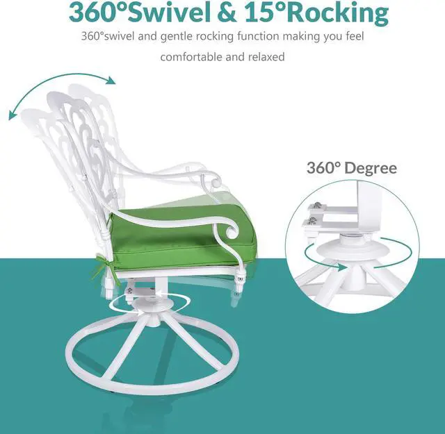 Alt view image 5 of 7 - MEETWARM 3-Piece Outdoor Patio Dining Set, All-Weather Cast Aluminum Patio Conversation Set for Backyard Garden Deck with 2 Cushions Swivel Rocker Chairs and 31" Round Table, 2.2" Umbrella Hole, White
