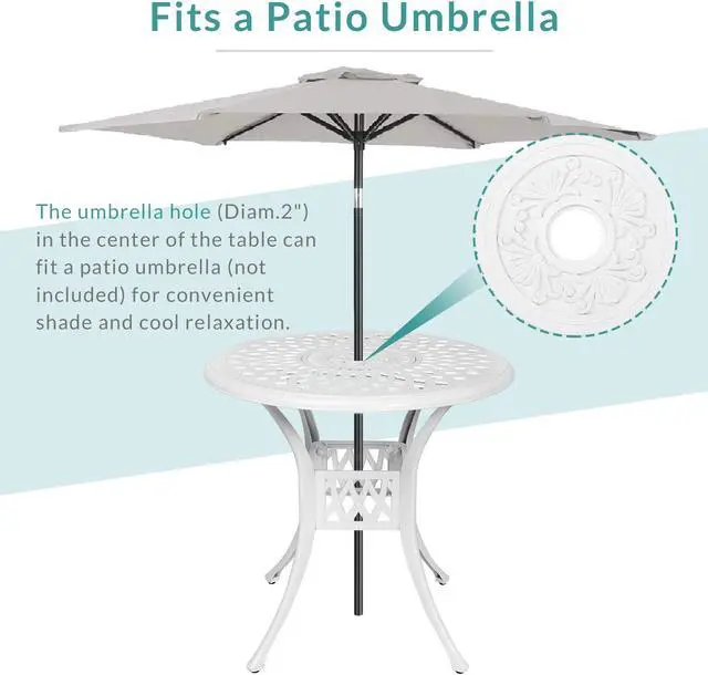 Alt view image 4 of 7 - MEETWARM 3-Piece Outdoor Patio Dining Set, All-Weather Cast Aluminum Patio Conversation Set for Backyard Garden Deck with 2 Cushions Swivel Rocker Chairs and 31" Round Table, 2.2" Umbrella Hole, White