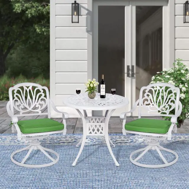 Alt view image 7 of 7 - MEETWARM 3-Piece Outdoor Patio Dining Set, All-Weather Cast Aluminum Patio Conversation Set for Backyard Garden Deck with 2 Cushions Swivel Rocker Chairs and 31" Round Table, 2.2" Umbrella Hole, White