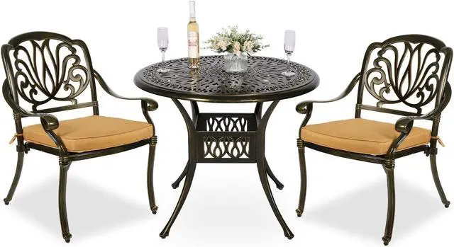 Main image of MEETWARM 3 Piece Patio Bistro Set, Outdoor All-Weather Cast Aluminum Dining Furniture Set Includes 2 Cushioned Chairs and a 35.4 Round Table with Umbrella Hole for Garden Deck